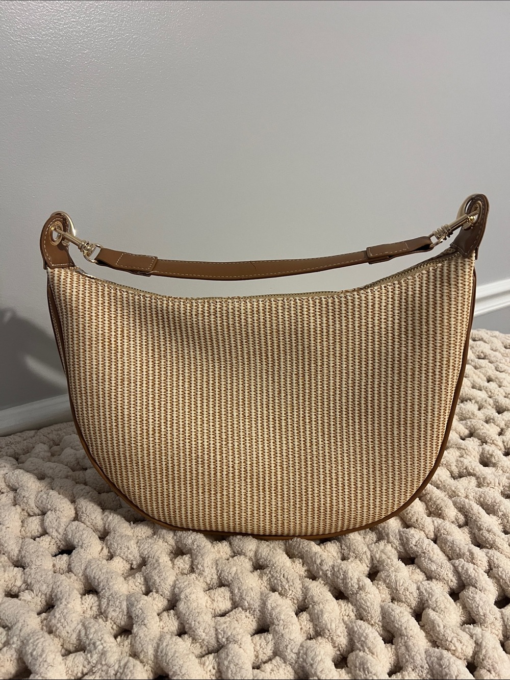 Time and Tru Tan Woven Crescent Shoulder Bag